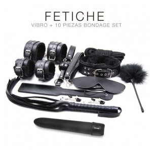 KIT VIBRO Y 10 PIEZAS BONDAGE SET NEGRO